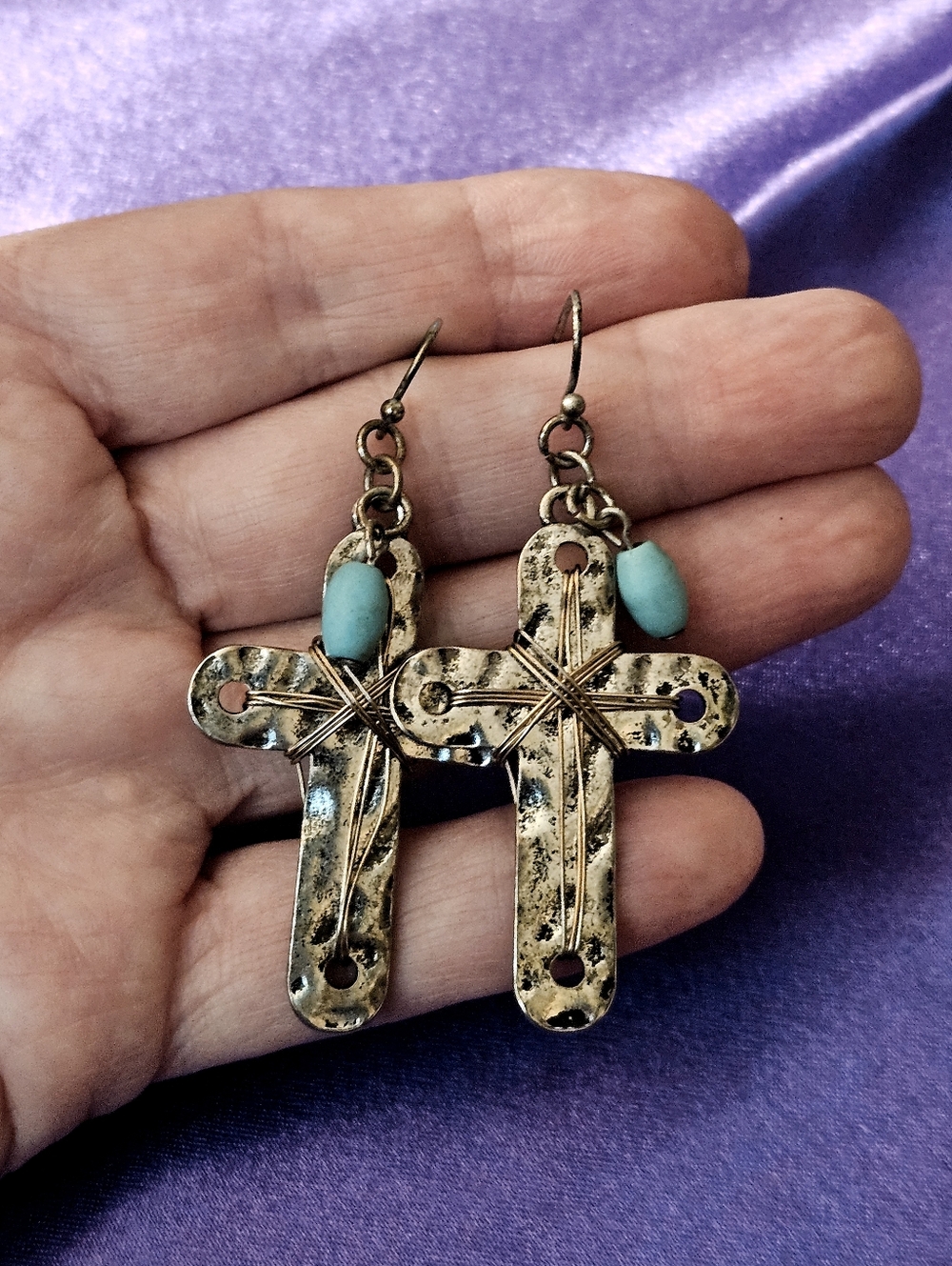 Handcrafted Rustic Distressed Silvertone Cross Earrings Wire-wrap Design